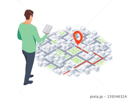 Tourist traveling using his smartphone to favorite places on map. Isometric gps navigation concept. City map route navigation smartphone, phone point marker. Vector illustration on white background 139346324