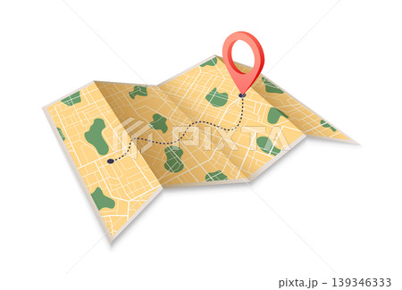 Paper map with red point. Local street gps navigate. City route navigation to marker. Geography distance plan. Vector illustration on white background 139346333