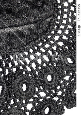 Close up of vintage black gothic lace fabric white on black background embroidery Close up of vintage black gothic lace fabric white on black background embroidery 139346399