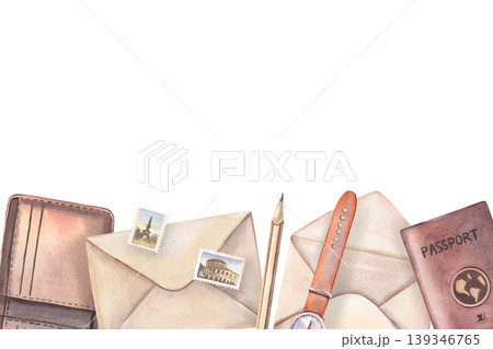 Hand-painted watercolor frame, retro envelopes, letters, pencil, watch, stamps, wallet, passport isolated on white for postal branding, packaging, scrapbooking, planners, blogging, design, banners Hand-painted watercolor frame, retro envelopes, letters, pencil, watch, stamps, wallet, passport isolated on white for postal branding, packaging, scrapbooking, planners, blogging, design, banners 139346765