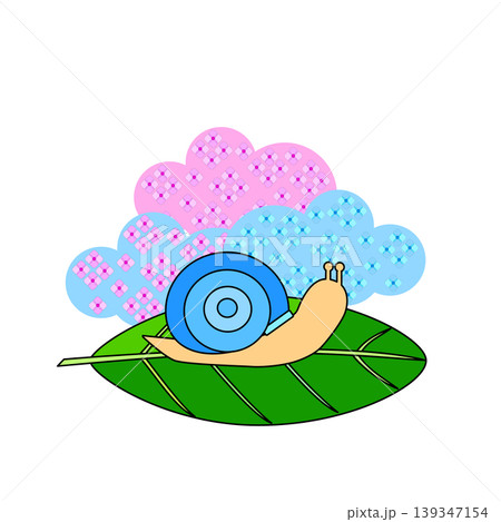 青いカタツムリと葉っぱと紫陽花のイラスト 青いカタツムリと葉っぱと紫陽花のイラスト 139347154
