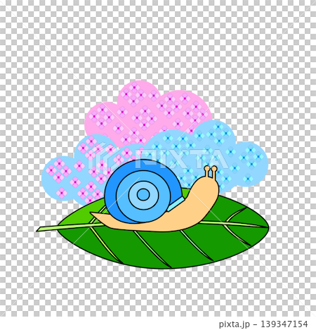 一幅描繪藍色蝸牛、樹葉和繡球花的插圖。 一幅描繪藍色蝸牛、樹葉和繡球花的插圖。 139347154