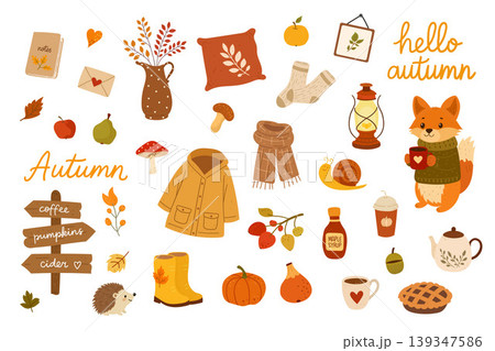 Autumn elements set with leaves pumpkins acorns cozy seasonal collection 139347586