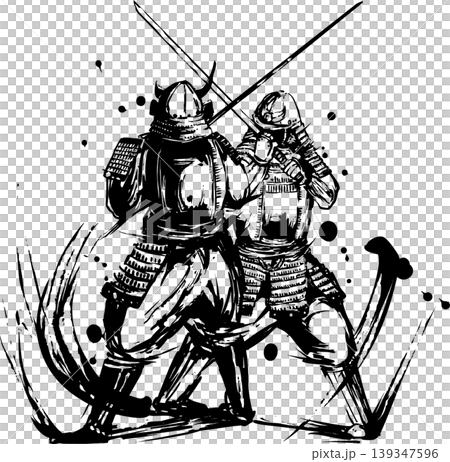 Ink painting illustration of armored samurai locked in a sword fight. 139347596