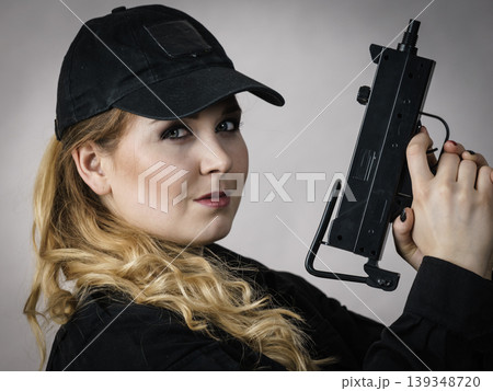 Woman holds gun in hands. Woman holds gun in hands. 139348720