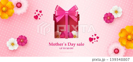 Horizontal banner for Mother s Day. A gift box cut out of paper and decorated with a bow, flowers, and beautiful hearts Horizontal banner for Mother s Day. A gift box cut out of paper and decorated with a bow, flowers, and beautiful hearts 139348807