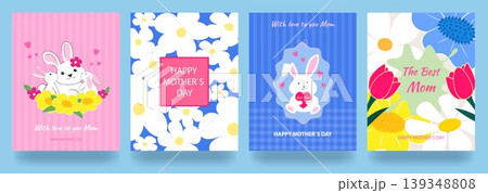 A set of Mother s Day cards with spring flowers, cute bunnies, hearts, and greetings. Happy Mother s Day A set of Mother s Day cards with spring flowers, cute bunnies, hearts, and greetings. Happy Mother s Day 139348808