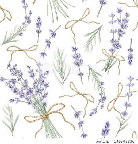 Watercolor lavender seamless pattern with bouquets and jute bows. Hand drawn botanical background for fabric, wallpaper and spa packaging. Purple floral design isolated on white background. 139348836