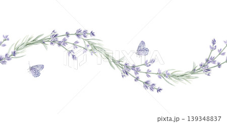 Watercolor lavender seamless border with butterflies. Hand drawn botanical wave of purple flowers for wedding invitations, spa decor, and stationery. Floral frame isolated on white background. Watercolor lavender seamless border with butterflies. Hand drawn botanical wave of purple flowers for wedding invitations, spa decor, and stationery. Floral frame isolated on white background. 139348837