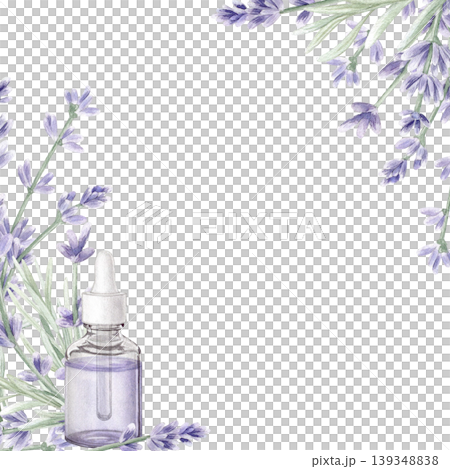 Watercolor lavender frame with glass dropper bottle. Botanical floral border for essential oil, serum, organic cosmetics branding and spa wellness design. Hand drawn isolated on white background. Watercolor lavender frame with glass dropper bottle. Botanical floral border for essential oil, serum, organic cosmetics branding and spa wellness design. Hand drawn isolated on white background. 139348838