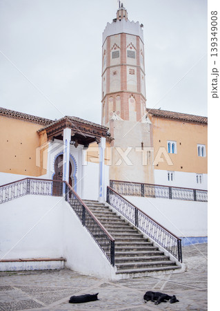 Architectural structure featuring a tall tower with intricate designs, surrounded by steps leading to a vibrant building, creating a captivating historical atmosphere Architectural structure featuring a tall tower with intricate designs, surrounded by steps leading to a vibrant building, creating a captivating historical atmosphere 139349008