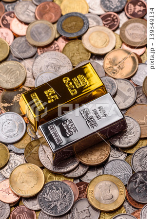Gold and silver bullion or ingots as metals for bank storage, investments. Gold and silver bars Gold and silver bullion or ingots as metals for bank storage, investments. Gold and silver bars 139349134
