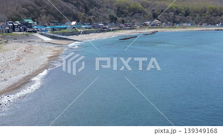 島牧村の千走川河口と日本海の自然風景 北海道 空撮 139349168