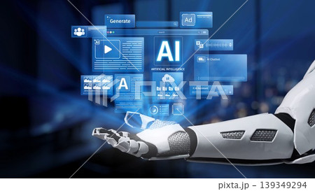 Futuristic robotic hand showcasing digital interfaces representing artificial intelligence concepts and data processing in a modern technology environment Synapse 139349294