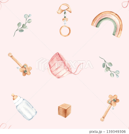 Watercolor baby girl bonnet, milk bottle and wooden toys, rattles seamless pattern on a pink background. Suitable for fabric, textile, wallpaper, wrapping paper and baby shower design Watercolor baby girl bonnet, milk bottle and wooden toys, rattles seamless pattern on a pink background. Suitable for fabric, textile, wallpaper, wrapping paper and baby shower design 139349306