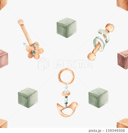 Baby seamless pattern. Watercolor wooden toys and rattles on a light blue pastel background. Suitable for fabric, textile, wallpaper, wrapping paper and baby shower designs. 139349308