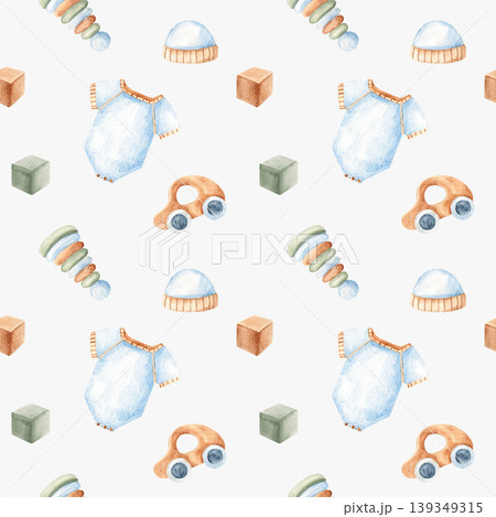 Baby boy watercolor seamless pattern with blue onesie or bodysuit, cap and wooden toys on a light blue background. Suitable for fabric, textile, wallpaper, wrapping paper and baby shower designs. Baby boy watercolor seamless pattern with blue onesie or bodysuit, cap and wooden toys on a light blue background. Suitable for fabric, textile, wallpaper, wrapping paper and baby shower designs. 139349315