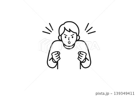 両手に拳を握り応援する男性の線画イラスト 両手に拳を握り応援する男性の線画イラスト 139349411
