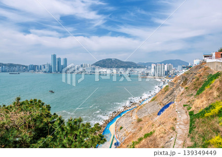 Top view of Huinnyeoul Culture Village with ocean and city view, Busan 139349449