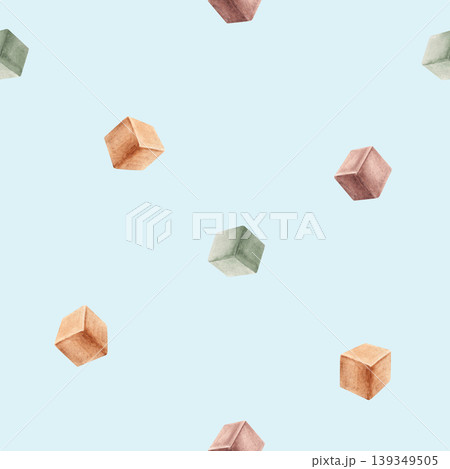 Watercolor Baby seamless pattern. Wooden cubes on a blue background. Suitable for fabric, textile, wallpaper, wrapping paper and baby shower designs. 139349505