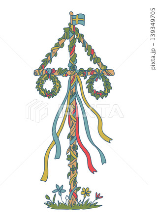 Hand drawn midsummer vector doodle illustration. Scandinavian symbol, colorful maypole on white background. Hand drawn midsummer vector doodle illustration. Scandinavian symbol, colorful maypole on white background. 139349705
