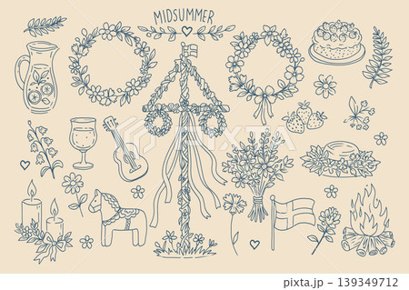 Hand drawn midsummer vector doodle set with Scandinavian symbils: maypole, flower crowns, wildflowers, berries, pie, dala horse. 139349712