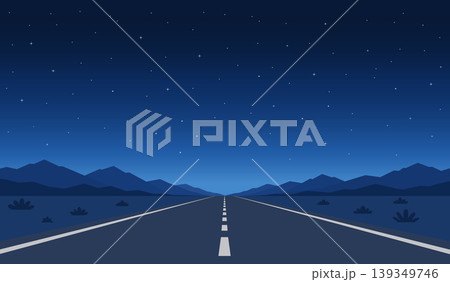 Straight asphalt road at night leading to mountain range under a starry sky vector illustration. Straight asphalt road at night leading to mountain range under a starry sky vector illustration. 139349746