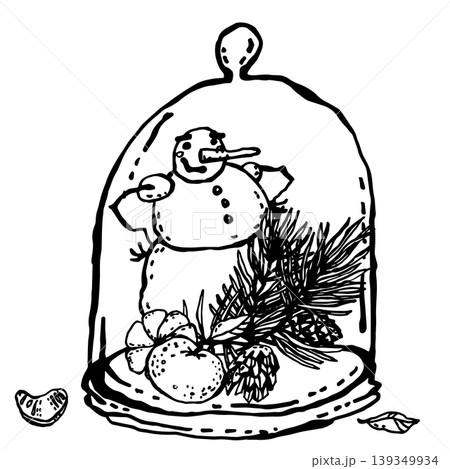 Snowman with tangerine, pine branch, glass dome 139349934
