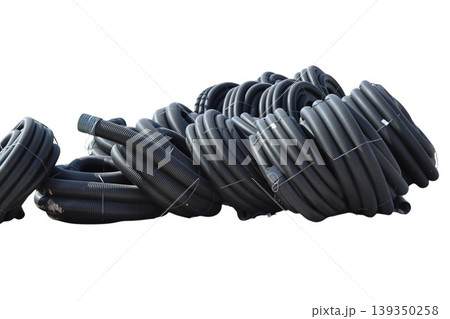 Black corrugated drainage pipes for construction and plumbing 139350258