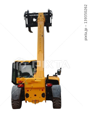 Yellow telehandler machine lifting heavy construction equipment Yellow telehandler machine lifting heavy construction equipment 139350262