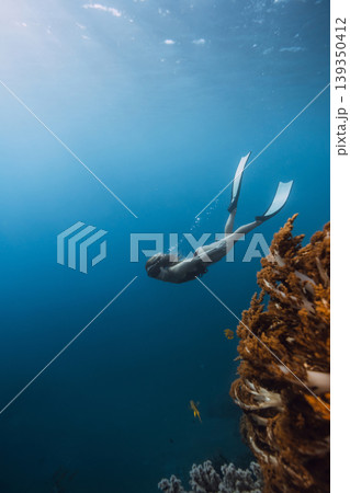 Woman freediver dives underwater near coral reef 139350412