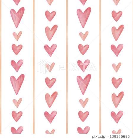 Watercolor valentine seamless striped pattern with pink hearts. Cute vintage hand drawn romantic background for textile, paper Watercolor valentine seamless striped pattern with pink hearts. Cute vintage hand drawn romantic background for textile, paper 139350656