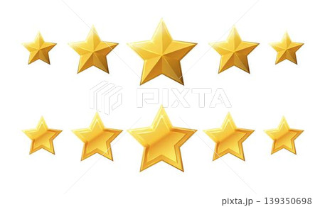 Golden star rating icons in 3D style for quality reviews and customer feedback surveys on websites with elegant five-point rating system design elements Golden star rating icons in 3D style for quality reviews and customer feedback surveys on websites with elegant five-point rating system design elements 139350698