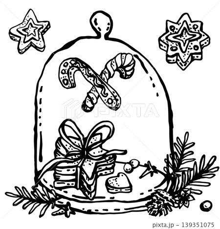 Stylized gingerbread cookies tied with ribbon, 139351075
