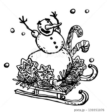Joyful cartoon snowman with a gingerbread Joyful cartoon snowman with a gingerbread 139351076