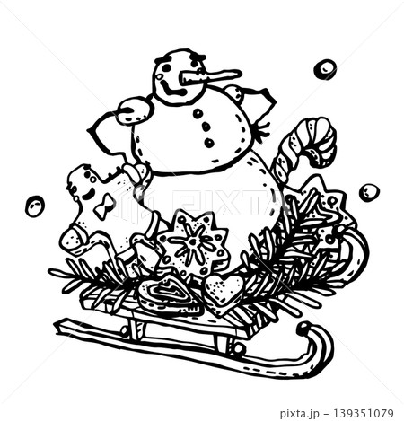 Snowman with a gingerbread man and snowflake 139351079