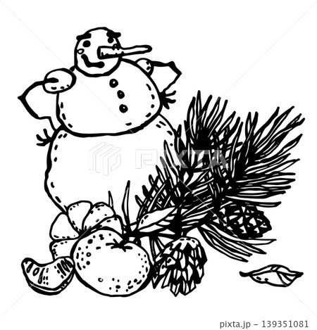 Contented cartoon snowman hides behind pine branch 139351081
