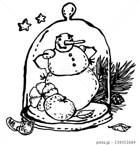 Cartoon snowman with tangerines under glass dome Cartoon snowman with tangerines under glass dome 139351084