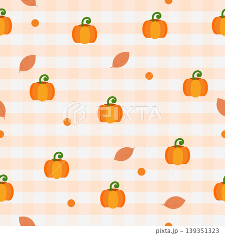 Autumn seamless pattern with pumpkins leaves and gingham background flat vector 139351323