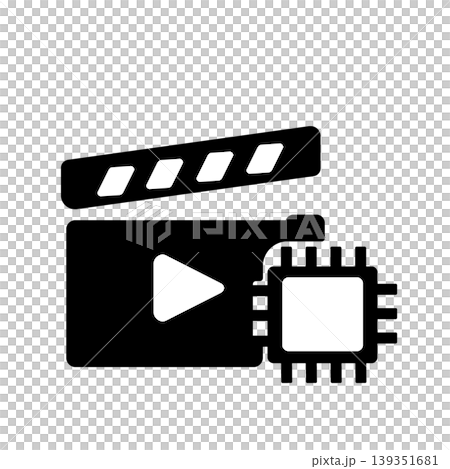 A digital icon (black) representing the use of artificial intelligence for video editing and video analysis. 139351681
