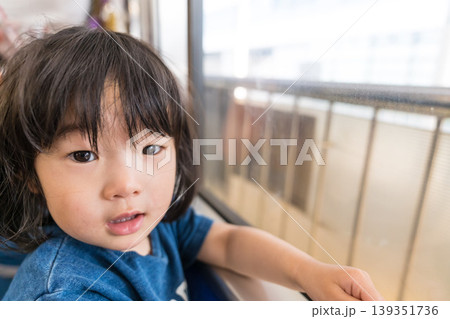 路面電車の車窓を眺める日本人の女の子の幼児 139351736