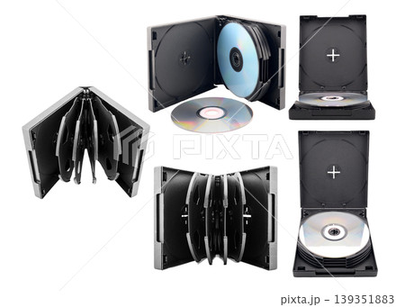 black plastic cases for compact discs in different positions black plastic cases for compact discs in different positions 139351883