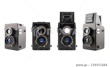 vintage black twin lens reflex camera in several views 139351884