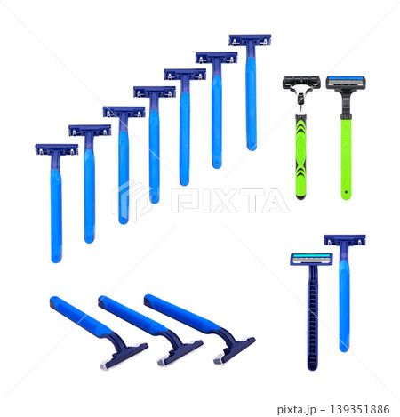 blue disposable shaving razors in large quantities on background blue disposable shaving razors in large quantities on background 139351886