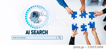 Group of diverse hands assembling blue puzzle pieces with an AI search theme in a modern workspace, showcasing collaboration and technology in problem-solving. Trope 139351894