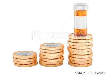 Rising medicine costs concept with pill bottle and coin stacks, 3d rendering Rising medicine costs concept with pill bottle and coin stacks, 3d rendering 139352013