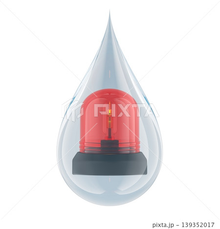 Water droplet with red emergency siren. Water crisis warning and resource alert, concept. 3d rendering Water droplet with red emergency siren. Water crisis warning and resource alert, concept. 3d rendering 139352017