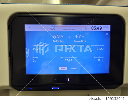 Amsterdam, the Netherlands - March 27, 2026: Information board in the cabin of a KLM aircraft. Amsterdam, the Netherlands - March 27, 2026: Information board in the cabin of a KLM aircraft. 139352041