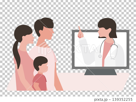 オンライン診療で家族に指さし説明をする女医のベクターイラスト素材(男の子) オンライン診療で家族に指さし説明をする女医のベクターイラスト素材(男の子) 139352255