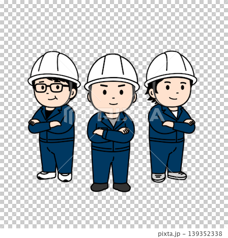 Characters, helmets, and illustrations of a team of workers in work clothes. Characters, helmets, and illustrations of a team of workers in work clothes. 139352338